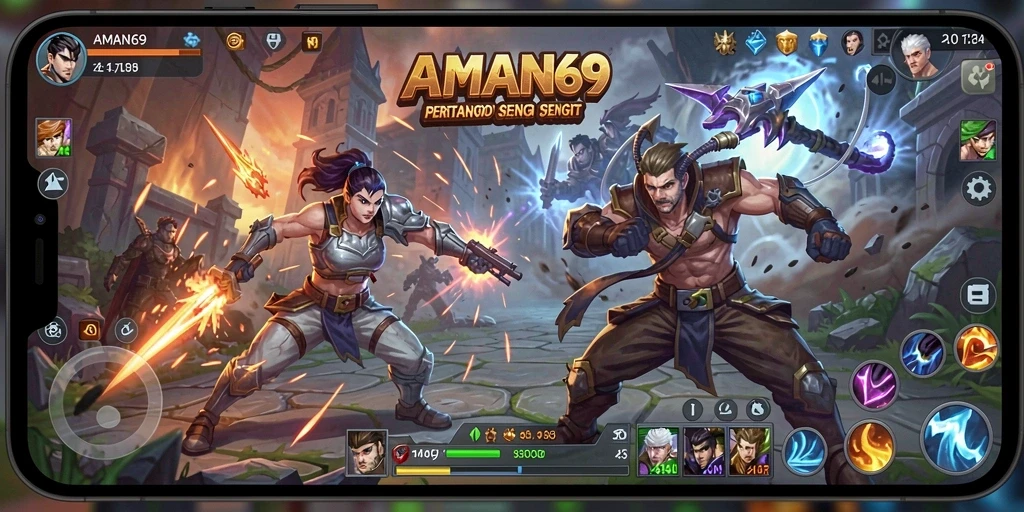 Tampilan aksi seru dari gameplay AMAN69 MOBA.