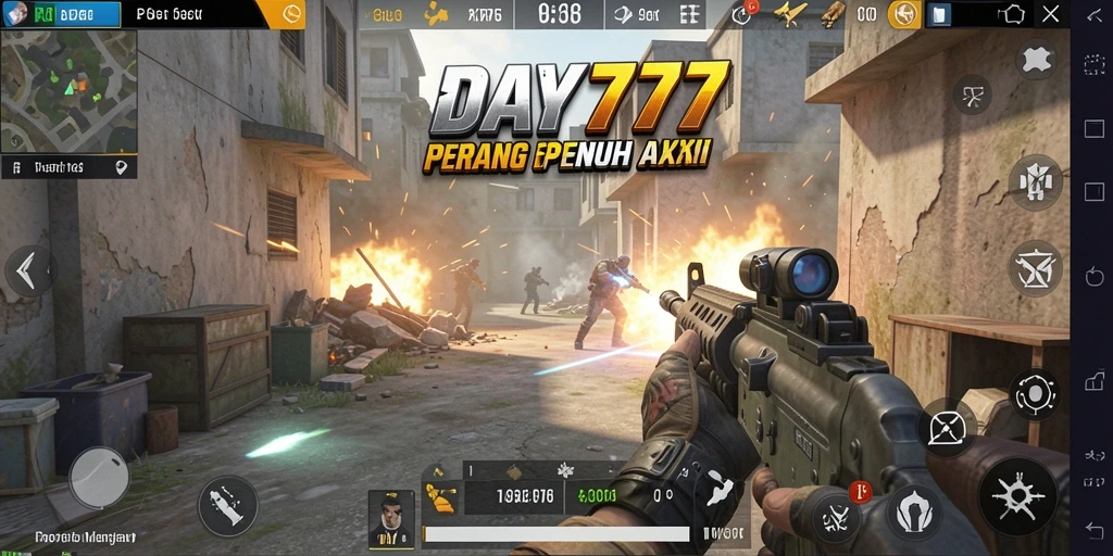 Screenshot DAY777 menampilkan aksi seru di medan perang FPS.