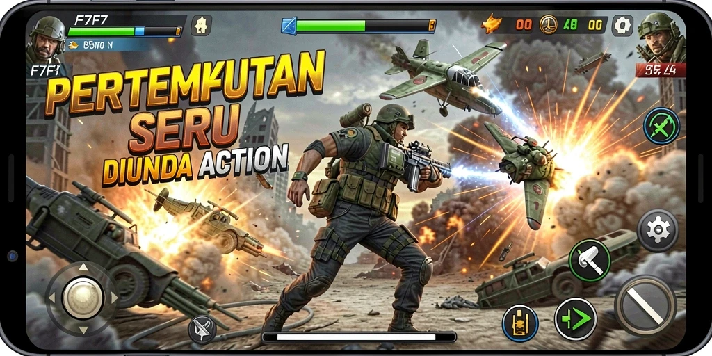 Screenshot F7F7 menampilkan pertempuran intens dalam dunia aksi yang dinamis.