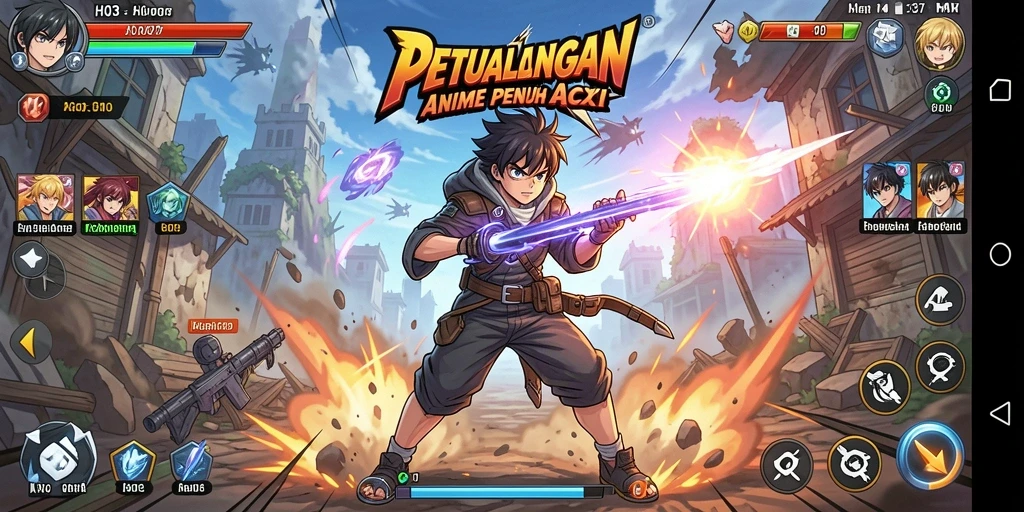 Tampilan gameplay H03 yang penuh aksi dan karakter anime.