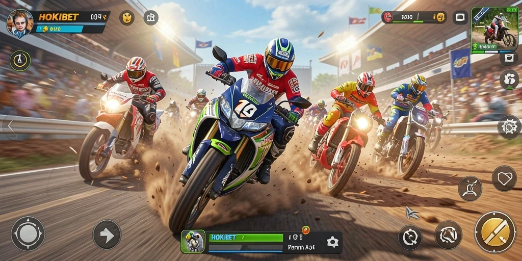 Tampilan utama gameplay HOKIBET yang memukau dengan balapan motor.
