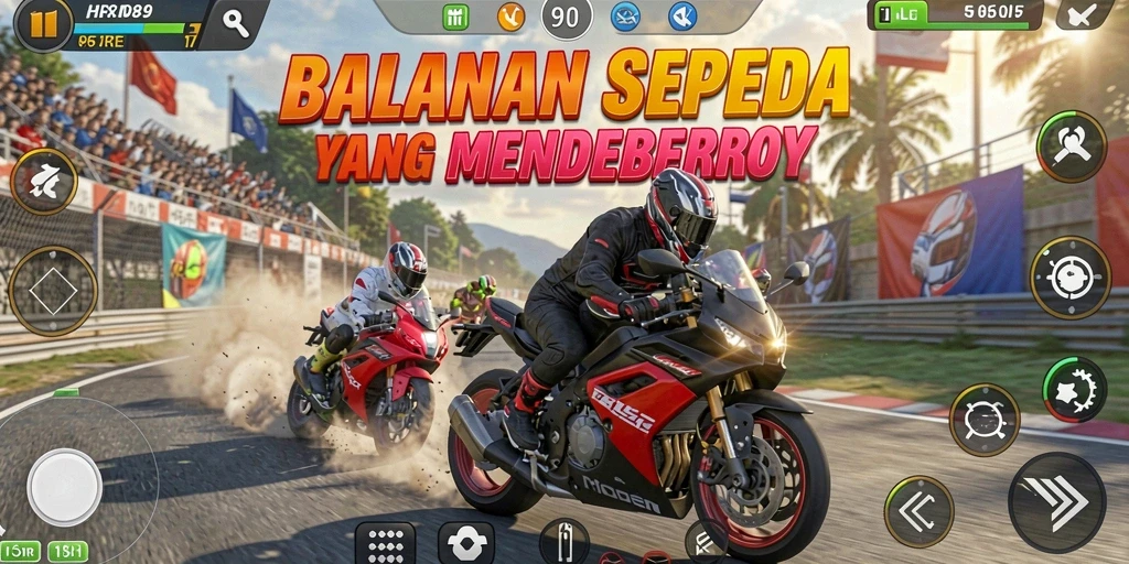 Screenshot dari gameplay balapan sepeda motor yang menegangkan.