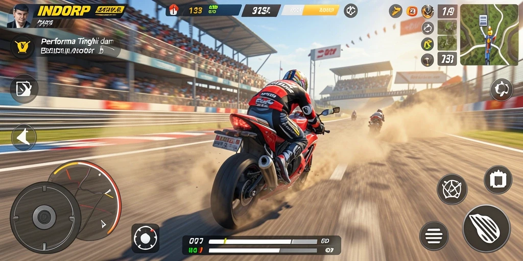 Screenshot INDORP menunjukkan aksi balapan motor yang mendebarkan dan grafik yang memukau.