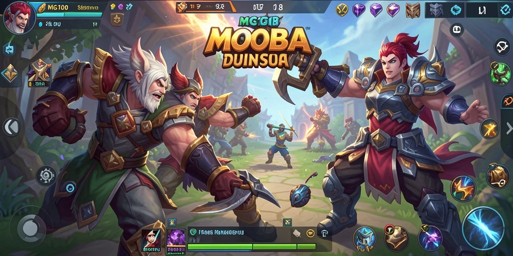 Screenshot gameplay MG108 menunjukkan aksi MOBA yang mendebarkan.