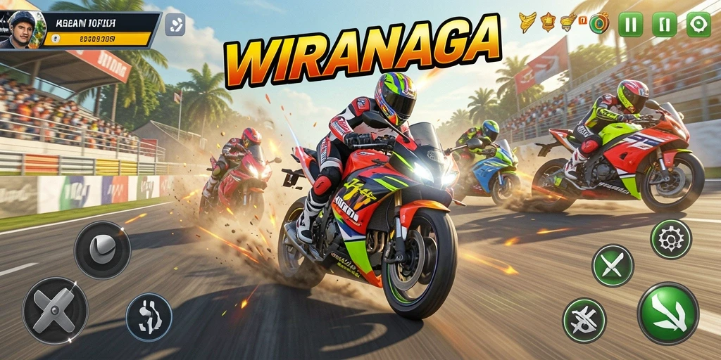 Screenshot menampilkan gameplay WIRANAGA yang mendebarkan di trek balapan.